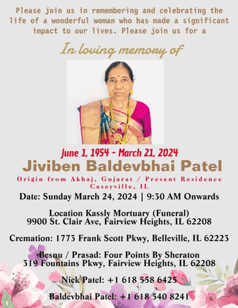 Jiviben Baldevbhai Patel Obituary